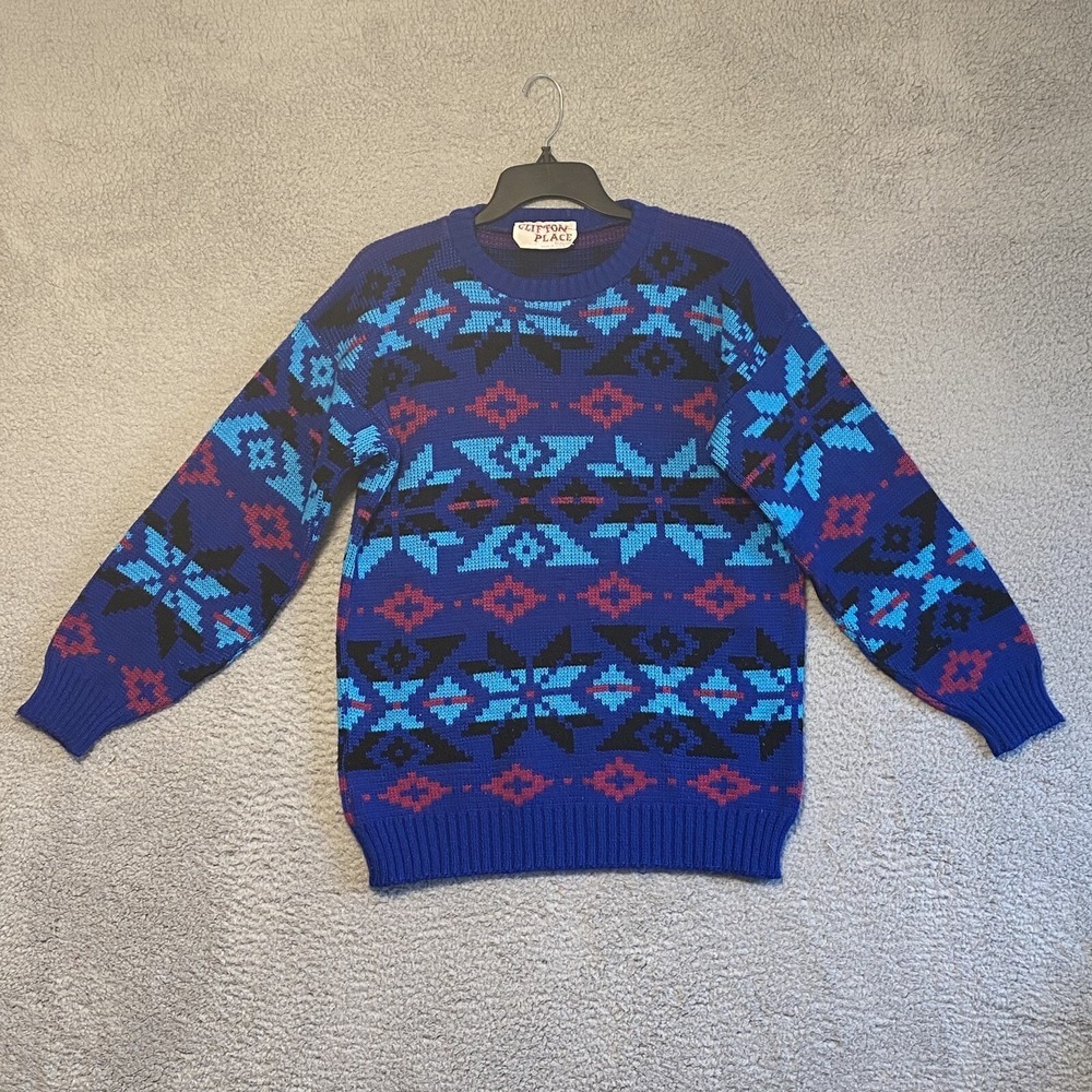 Vintage Clifton Place Pullover  Knit Sweater Unsized Blue Geometric Print USA